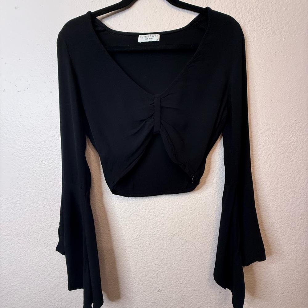 Black crop bell sleeve blouse